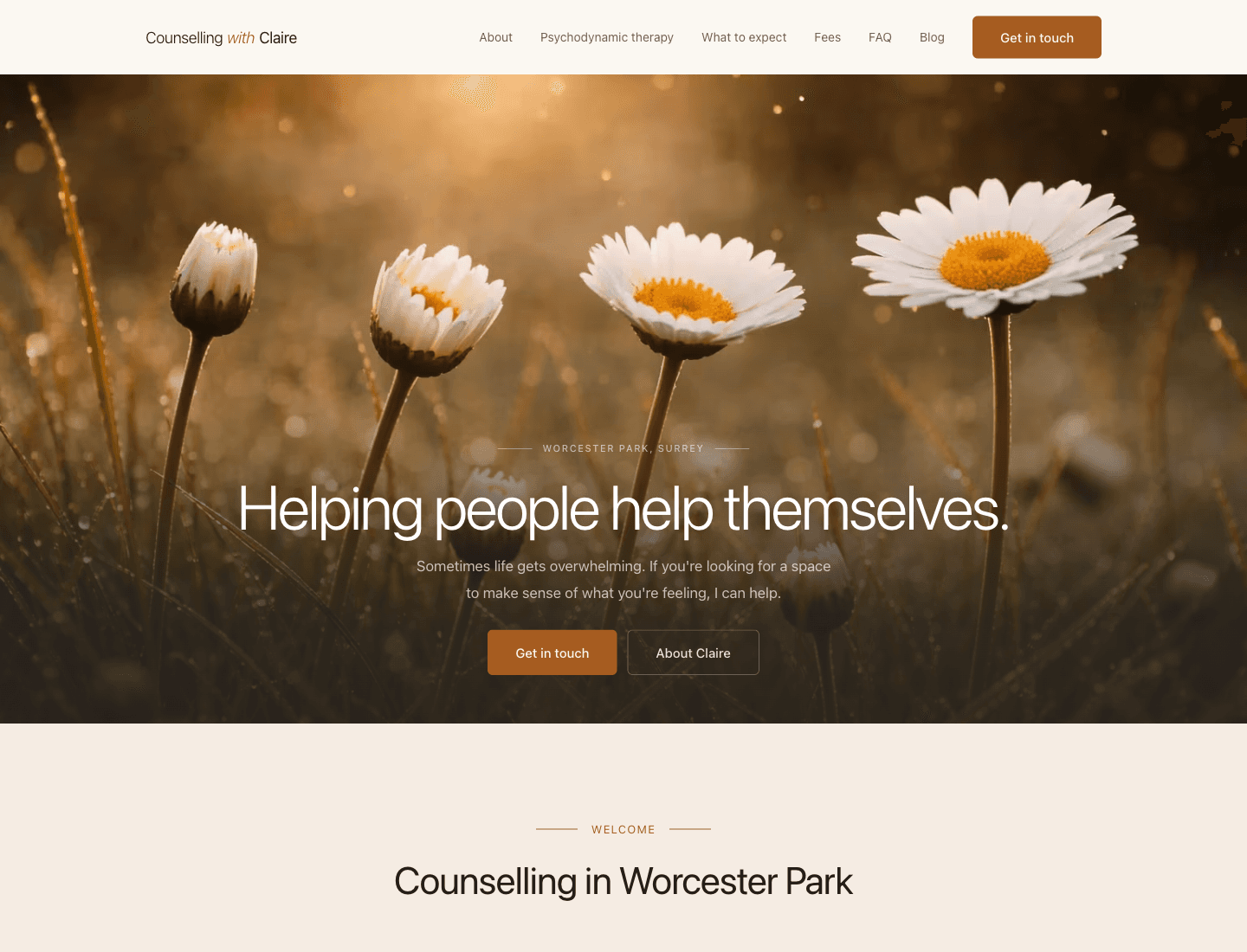 Full-page view of the Counselling with Claire website showing the navigation, daisy hero image, Worcester Park positioning, and homepage introduction