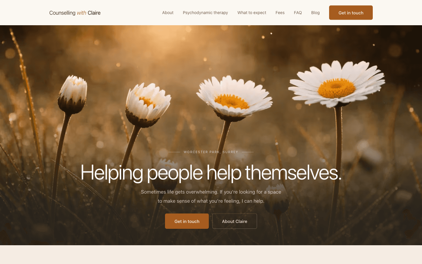 The Counselling with Claire homepage: a quiet navigation bar, daisies in low sun, the line Helping people help themselves, and Get in touch and About Claire buttons