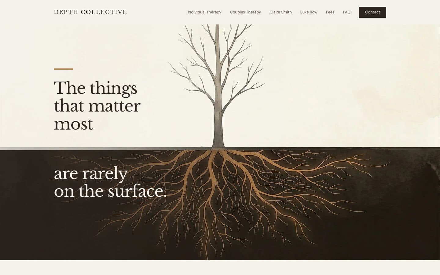 Depth Collective homepage with the line The things that matter most are rarely on the surface beside a bare tree and its ochre roots
