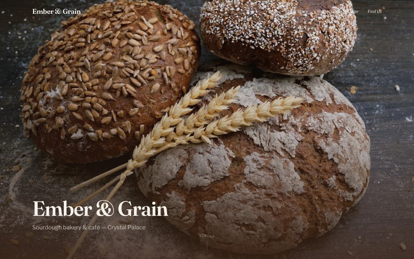 Full-page view of the Ember & Grain website showing the hero with bakery imagery, daily menu, and workshop calendar