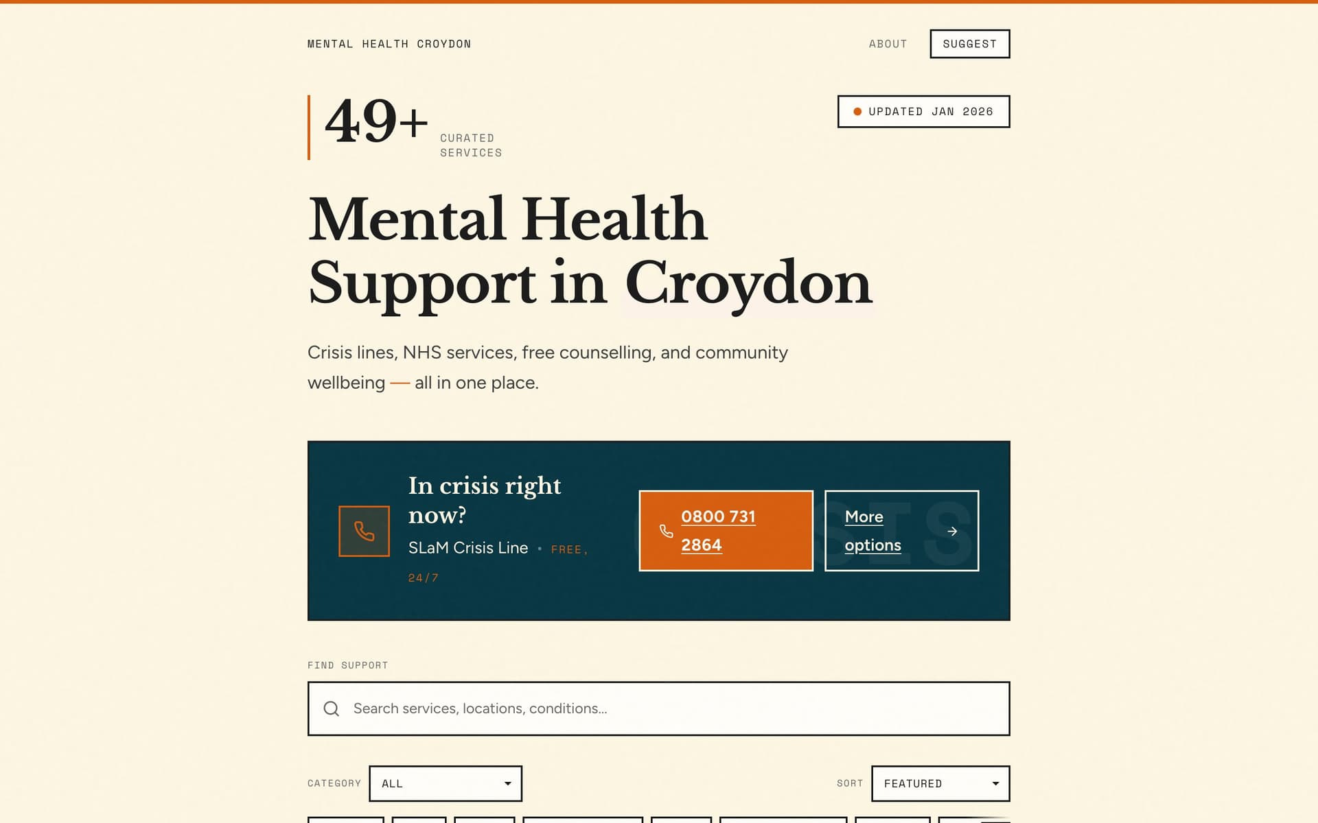 Full-page view of the Mental Health Croydon directory showing the search interface, service listings, and crisis helpline banner