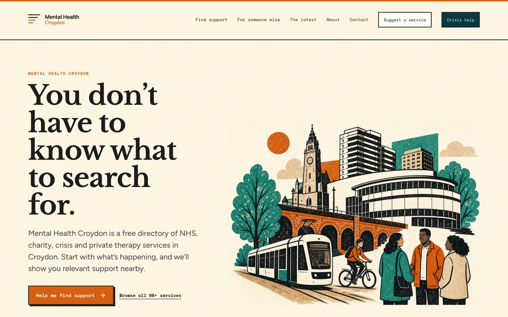 Mental Health Croydon homepage. Directory intro, Help me find support, and an illustration of the Clocktower, tram, and people