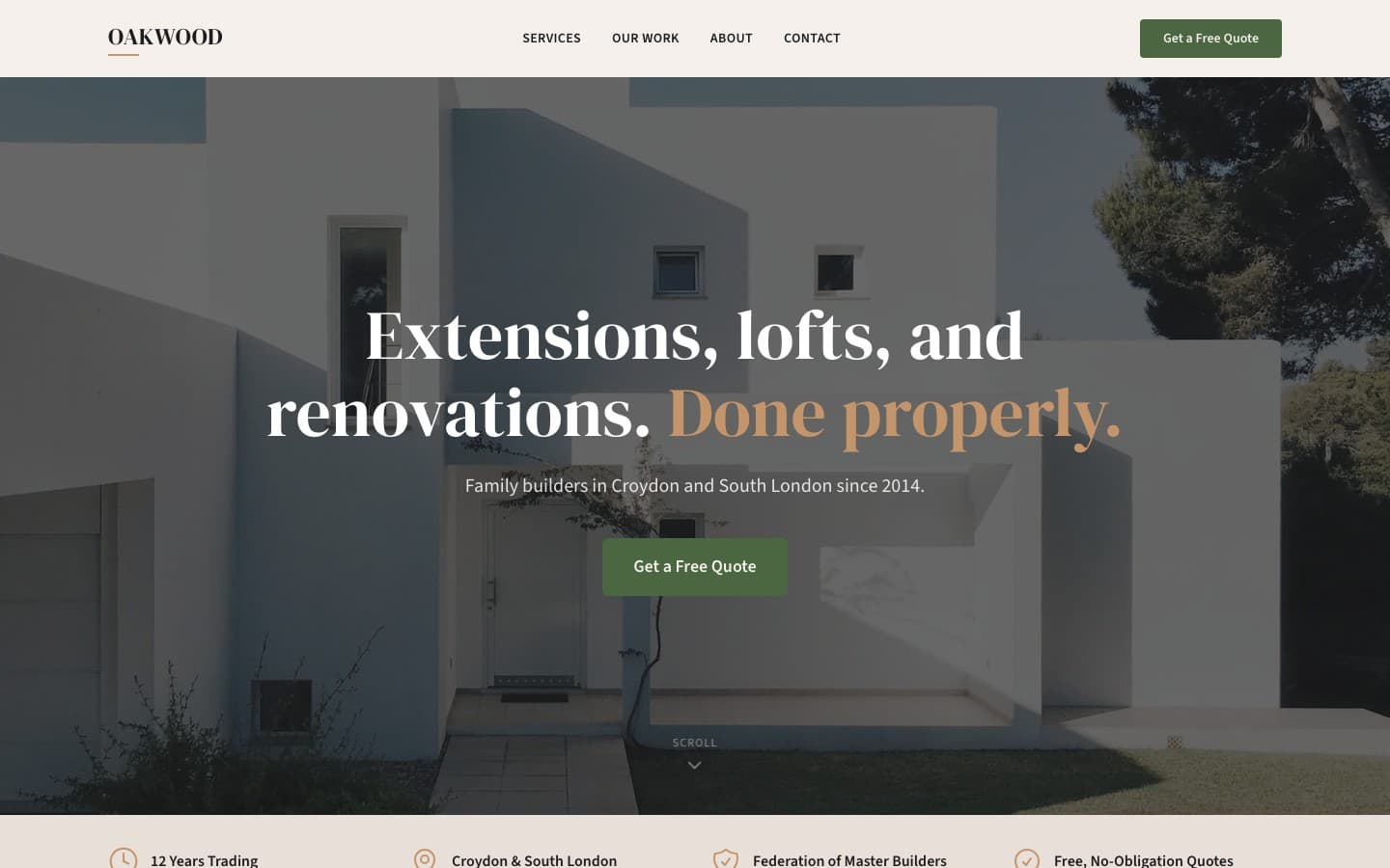 Full-page view of the Oakwood website showing construction project photos, service pages, and client testimonials