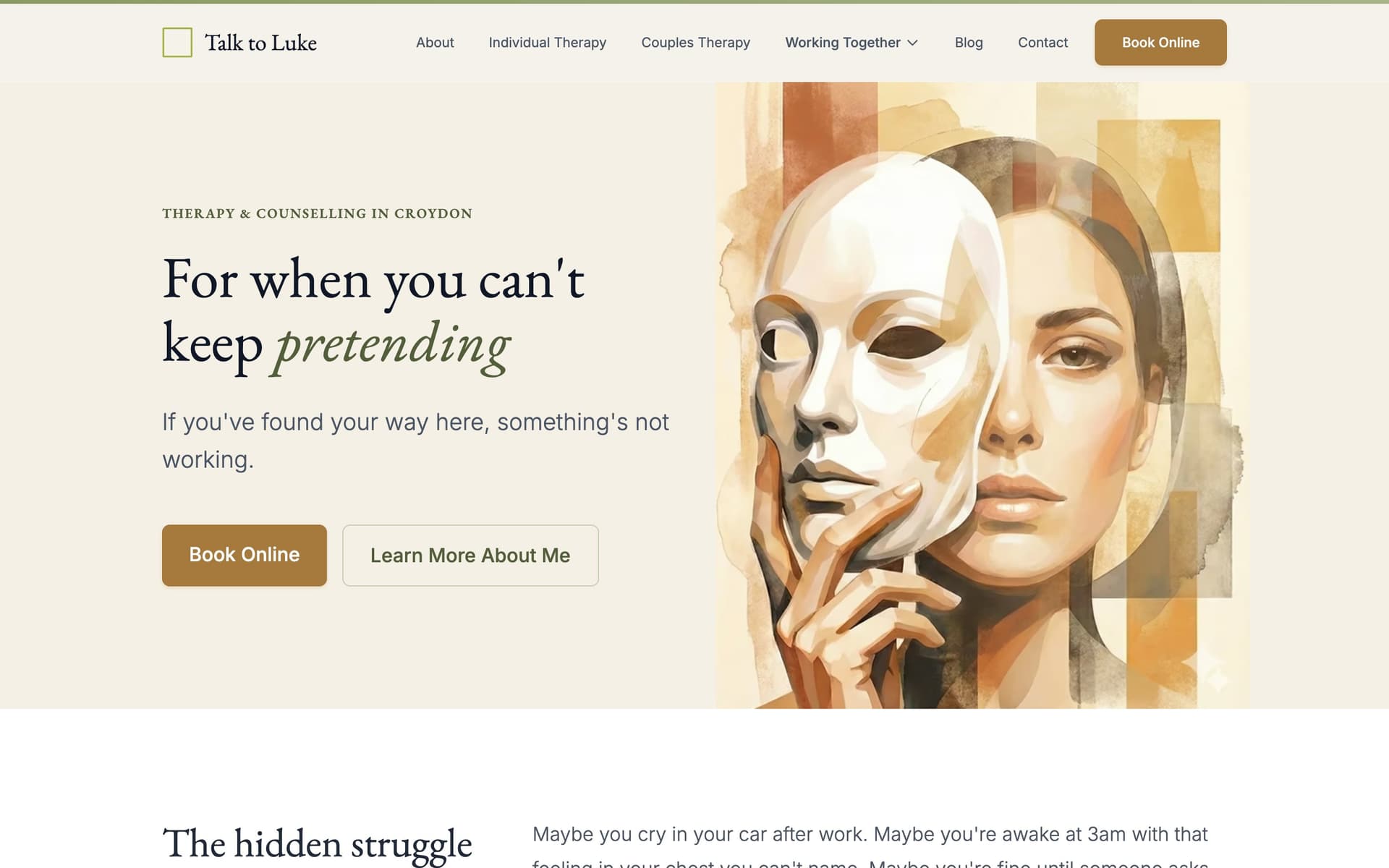 Full-page view of the Talk to Luke website showing the navigation bar, hero section with therapist introduction, and service cards