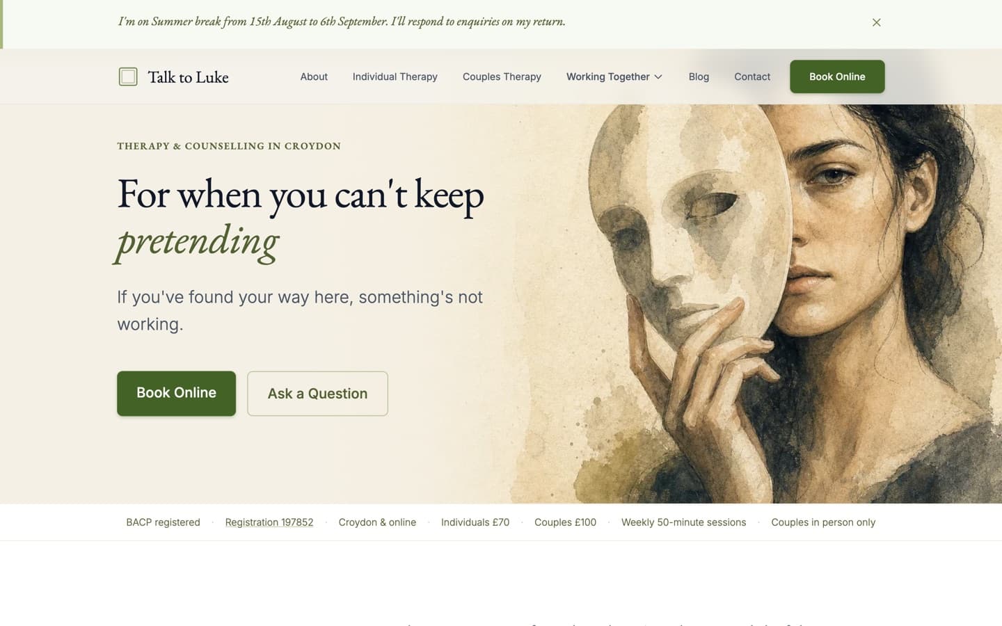 Talk to Luke homepage with cream paper, forest-green booking buttons, and a watercolour of a person holding a mask