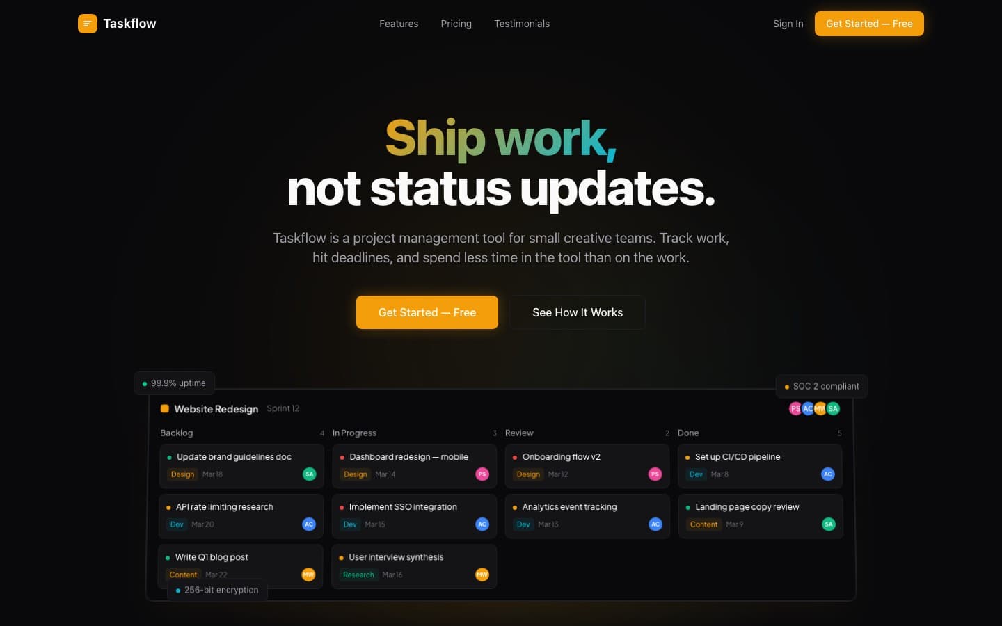 Full-page view of the Taskflow landing page showing the hero, interactive product demos, and conversion-focused pricing layout