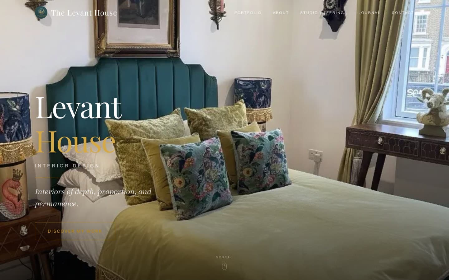 Full-page view of The Levant House website showing the hero section with interior photography, service tiers, and project brief booking