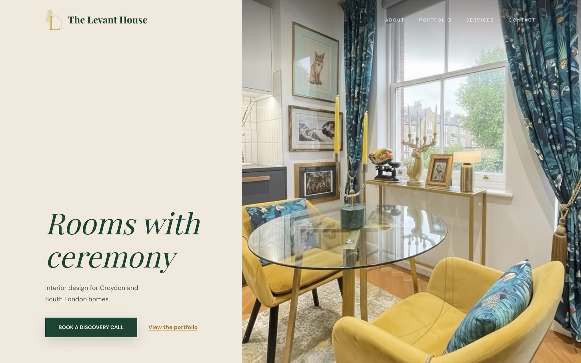 The Levant House homepage. Rooms with ceremony, Book a discovery call, and a photograph of a tropical-curtained dining room