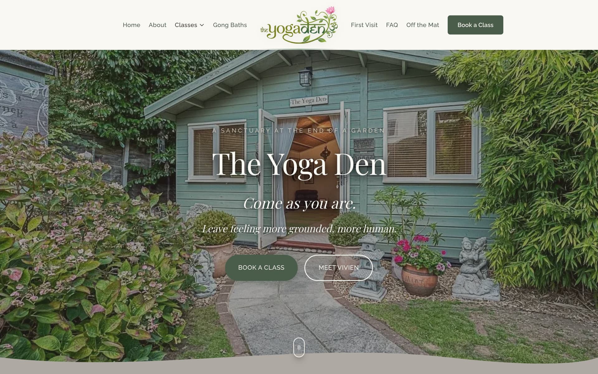 Full-page view of The Yoga Den website showing the hero image of the studio, class timetable, and teacher profiles